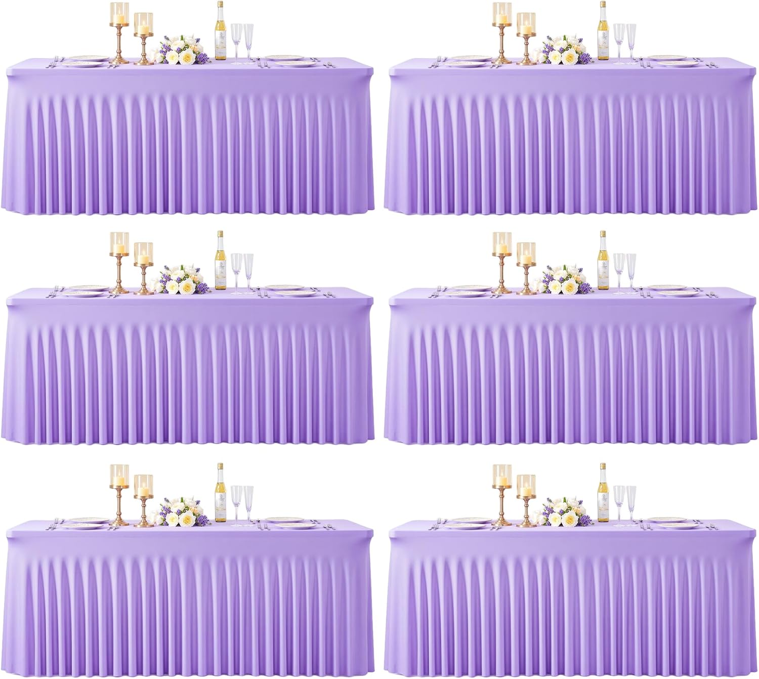Suppromo 6 Pack 8ft Lavender Spandex Table Cloths for Rectangle Tables Wrinkle Free Light Purple Rectangle Tablecloths Stretch Fitted Table Cover for Birthday Party Wedding Banquet Baby Shower Buffet