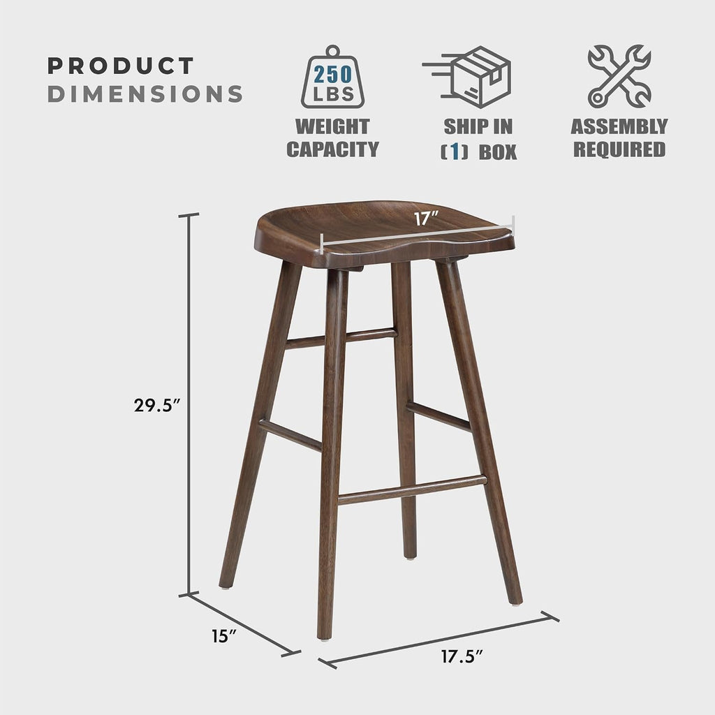 Lexicon Bar Height Stools Set of 2, Sturdy Acacia Wood Frame Saddle Seat Bar Chairs, Rustic Backless Kitchen Island Seating for Dining Room, Breakfast Nook, Brown