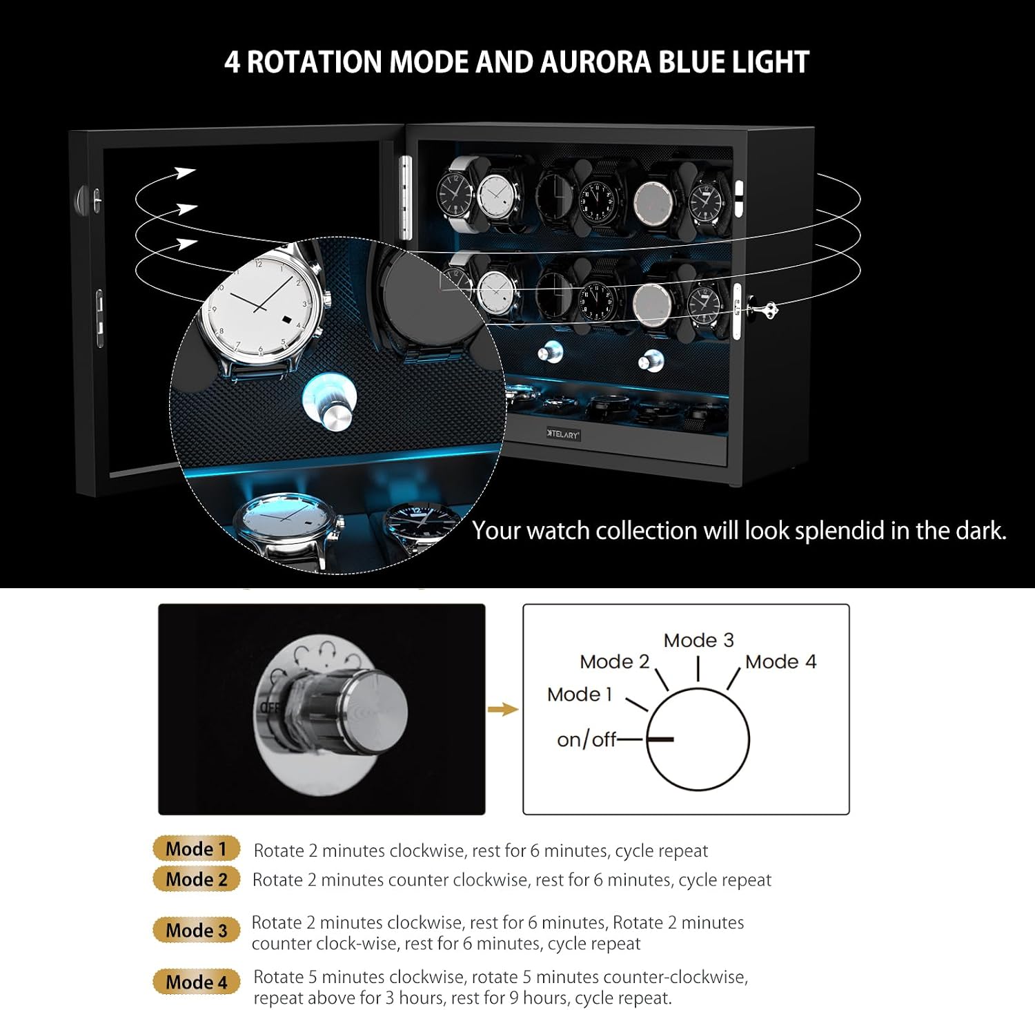 XTELARY Lockable Automatic Watch Winder - 4/6/8/12 Watch Storage, 4 Rotation Modes, Quiet Motor, Backlight