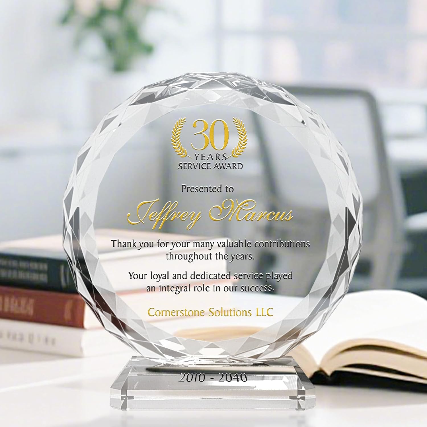 Personalized Crystal Sunflower Employee Recognition Plaque – Custom Award for Years of Service, Engraved with Name, Company & Milestone – 5, 10, 15, 20, 30 Year Work Anniversary Award (L - 8')