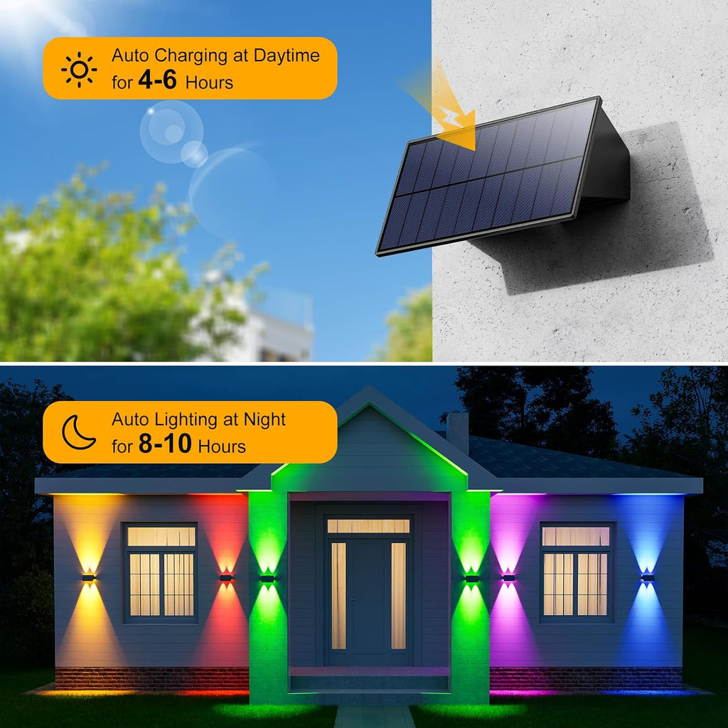 12 Pack RGB Solar Up and Down Wall Lights Outdoor Decorative Fence LED Waterproof Lamps for Deck, Patio, Porch, House, Garden, Pool Cage, Dynamic Color Changing Lights for Festive Atmosphere Building