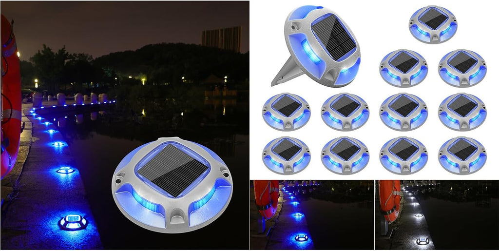 VOLISUN Solar Dock Marine Lights 24 Pack,2 Colors in 1,Outdoor LED Solar Powered Waterproof Driveway Marker Deck Lights for Warning Step Sidewalk Pathway (White/Blue)