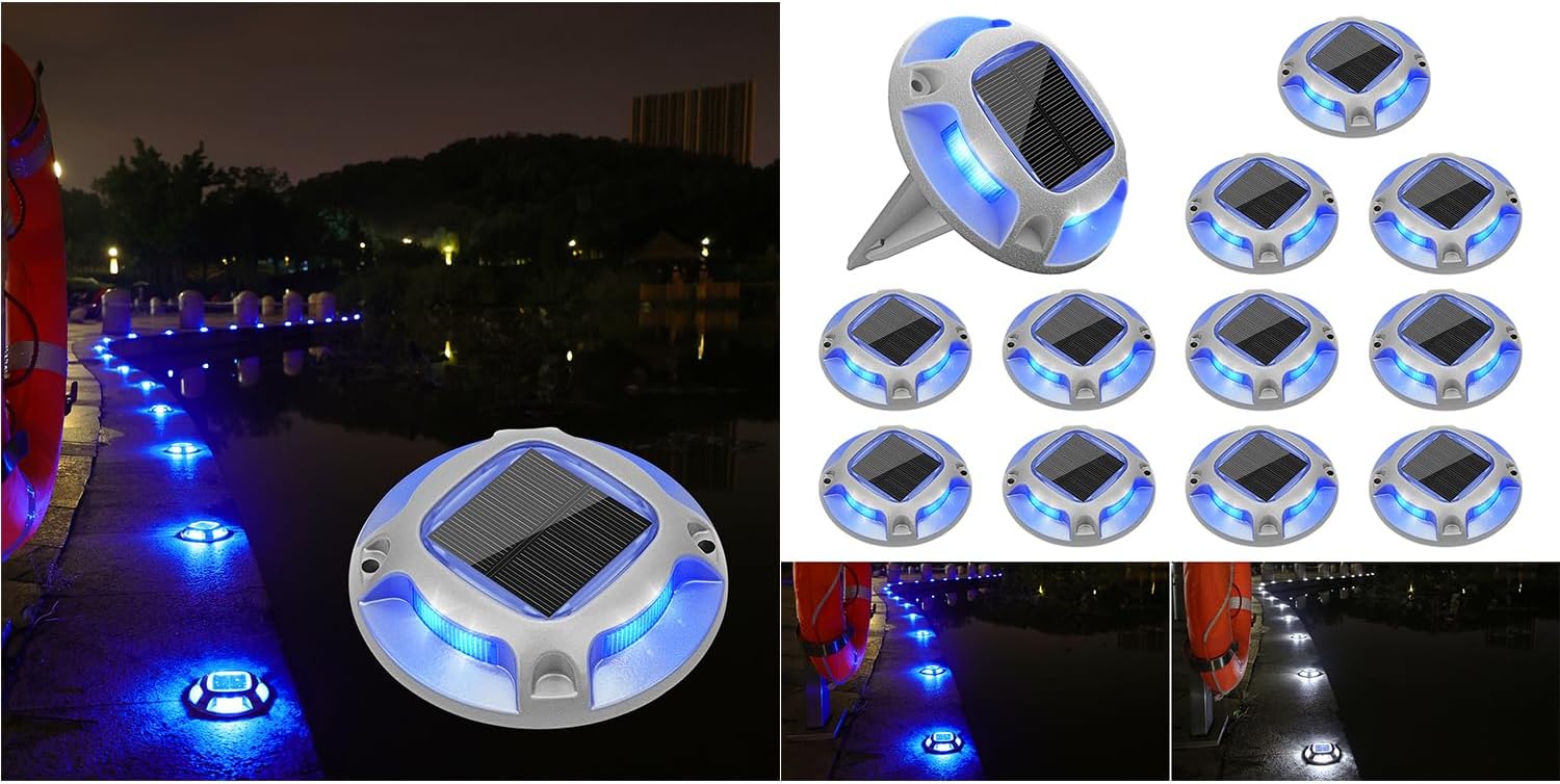 VOLISUN Solar Dock Marine Lights 24 Pack,2 Colors in 1,Outdoor LED Solar Powered Waterproof Driveway Marker Deck Lights for Warning Step Sidewalk Pathway (White/Blue)