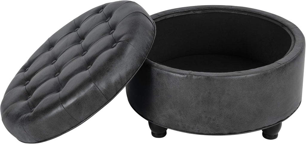 Homepop Home Decor |Button Tufted Faux Leather Round Storage Ottoman | Ottoman with Storage for Living Room & Bedroom (Gray)