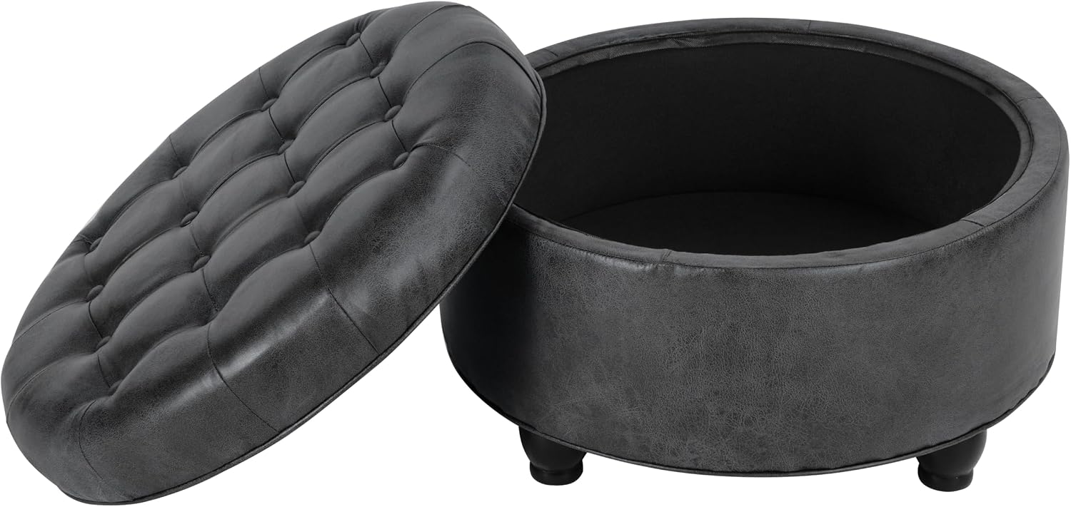 Homepop Home Decor |Button Tufted Faux Leather Round Storage Ottoman | Ottoman with Storage for Living Room & Bedroom (Gray)