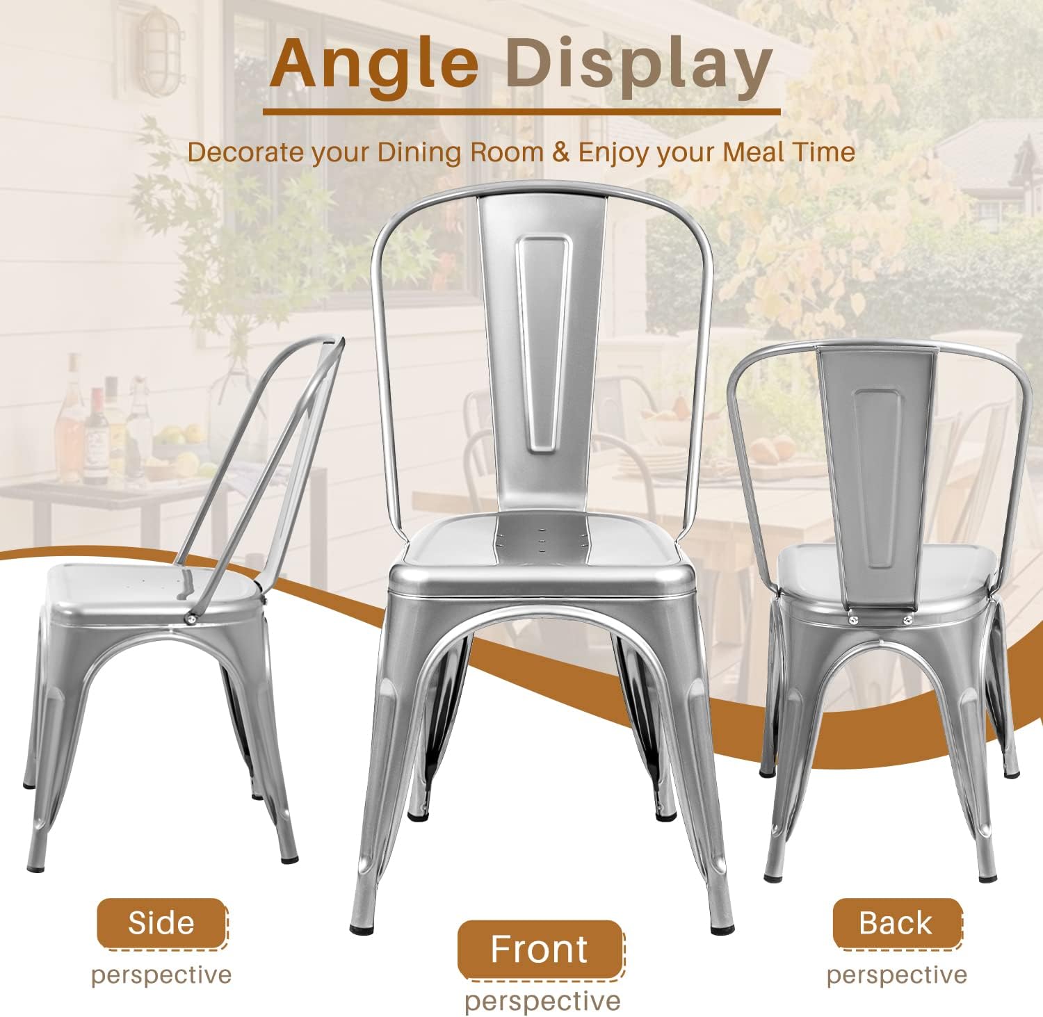 Furmax Metal Dining Chair Indoor Outdoor Use Stackable Classic Trattoria Chair Chic Dining Bistro Cafe Side Metal Chairs Set of 4 (Sliver)