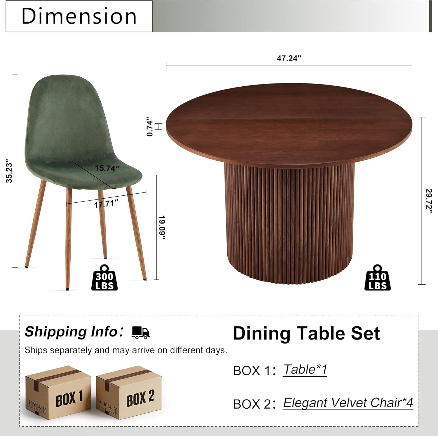 Dining Table Set for 4, Mid Century Modern 47 Inch Wooden Round Dining Table Set, Space Saving (Table + 4 Green Chairs)