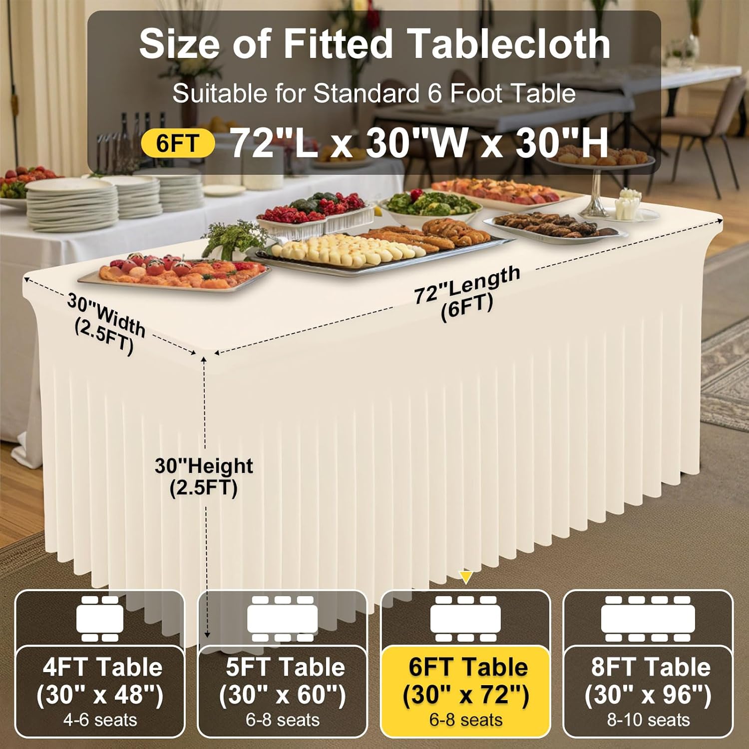 Smiry Spandex Tablecloth 6 Pack, Elastic Fitted Stretch Tablecloth for 6FT Rectangle Tables, Waterproof Washable Table Cover Skirt for Wedding, Banquet & Parties (Beige, 72Lx30Wx30H Inch)