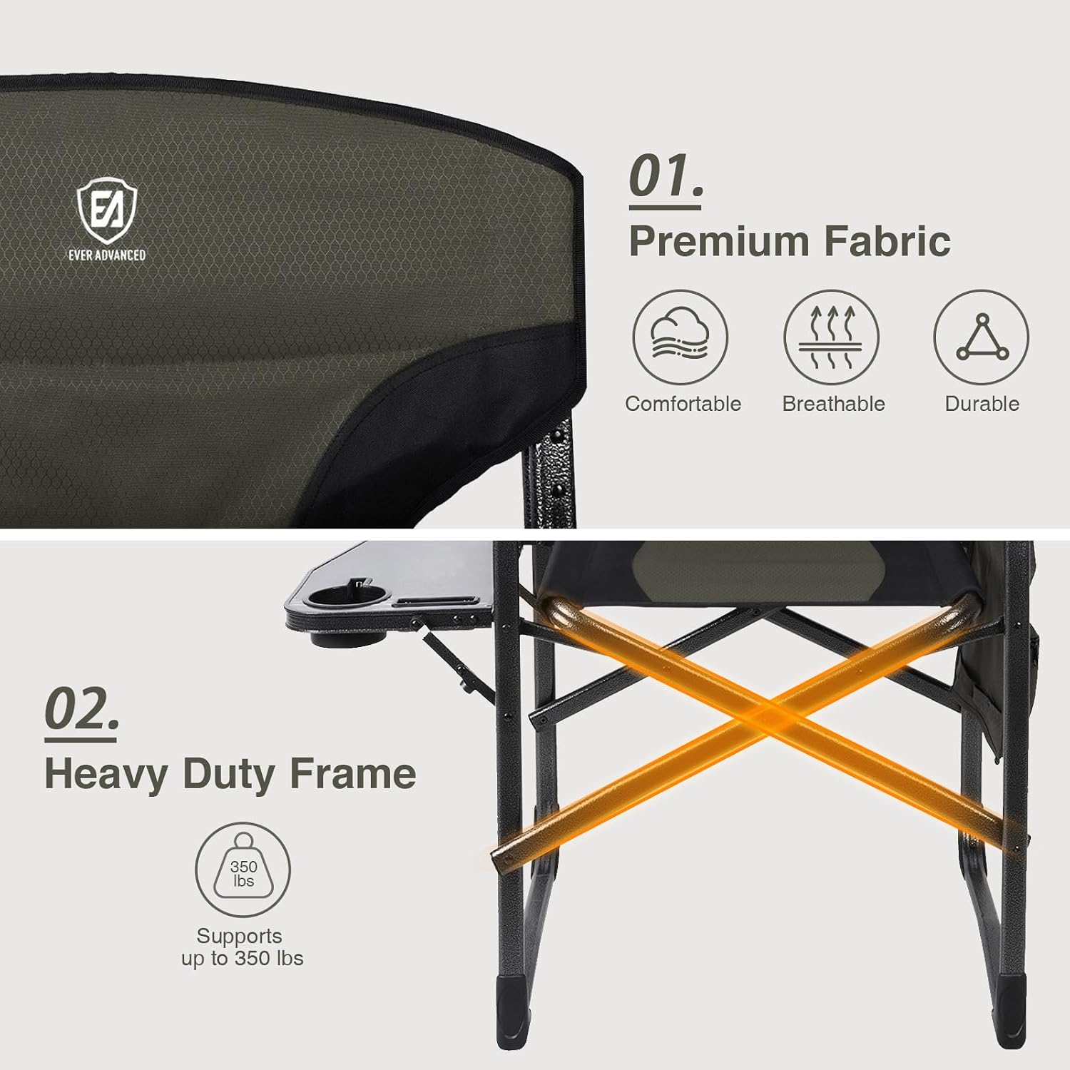 EVER ADVANCED Aluminum Lightweight Folding Director Chair, 350lbs Heavy Duty Camping Chair with Side Table & Storage, 19' Joint-Friendly Height Easy to Stand, Portable Makeup Artist & Vendor Chair