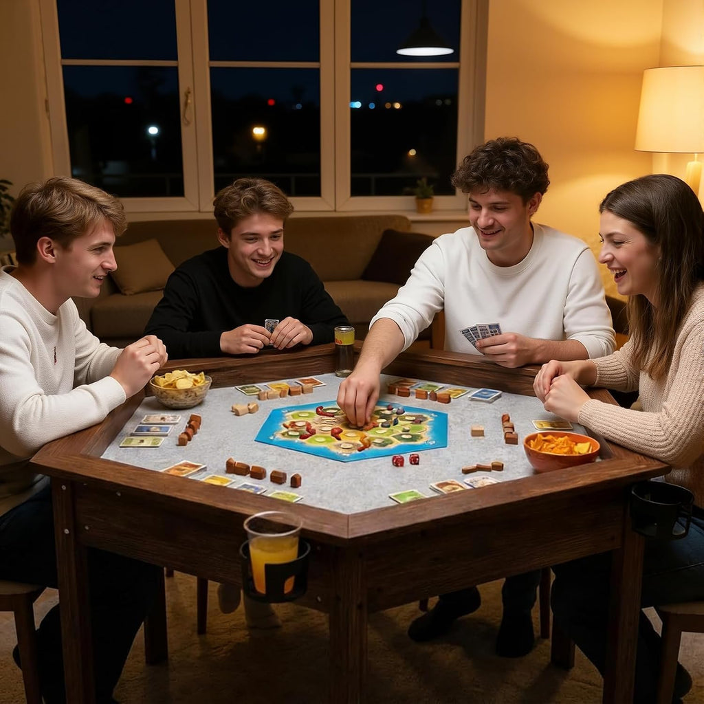 Board Game Table with Rotating Cup Holders for 6 Players, Hexagon Gaming and Dining Table with Removable Table Top & Non-Slip Play Mat, Multifunctional Table with for DND/Poker/Card Games