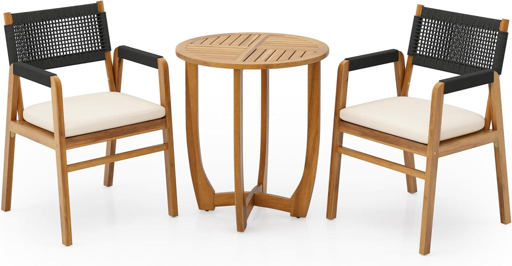 Christopher Knight Home Zed 3 Pieces Outdoor Dining Set, Acacia Wood Dining Chairs and Table, Slats Panel Design Round Table, Wooden Frame, 2 Seater Bistro Set for Balcony Backyard Garden, Teak+Black