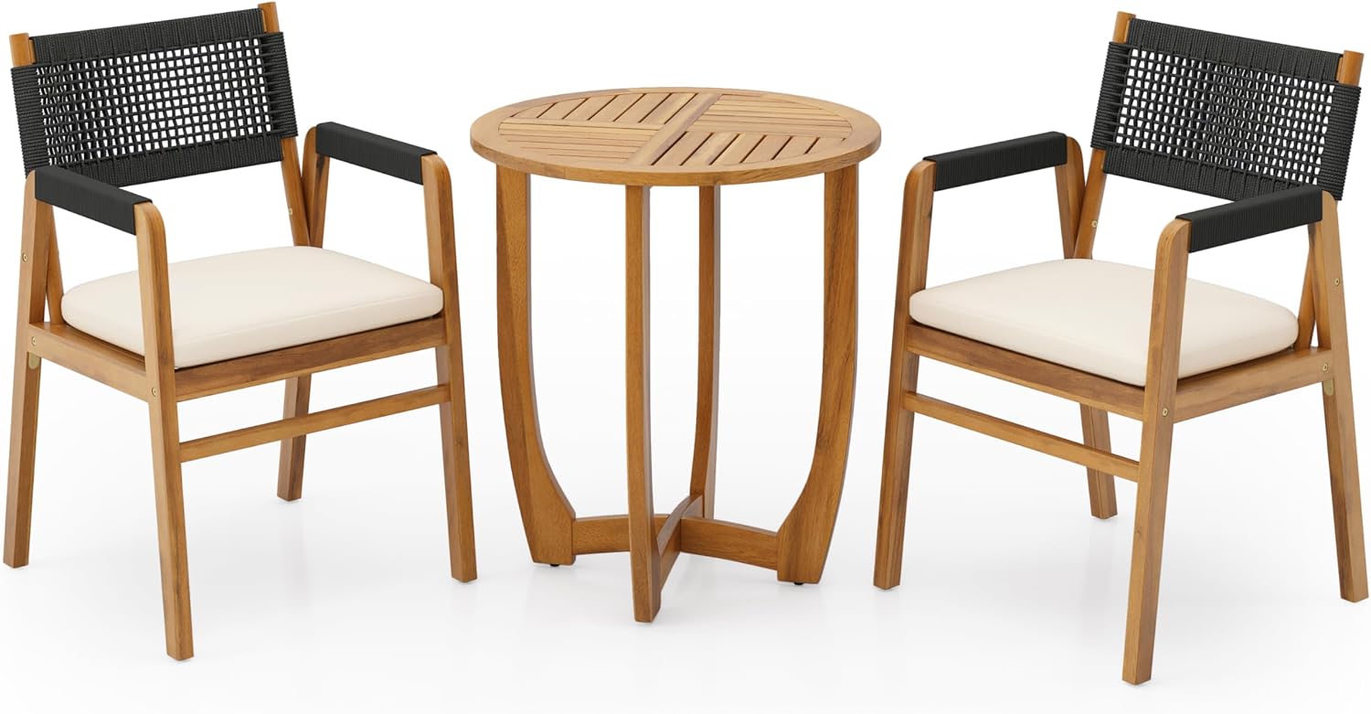 Christopher Knight Home Zed 3 Pieces Outdoor Dining Set, Acacia Wood Dining Chairs and Table, Slats Panel Design Round Table, Wooden Frame, 2 Seater Bistro Set for Balcony Backyard Garden, Teak+Black