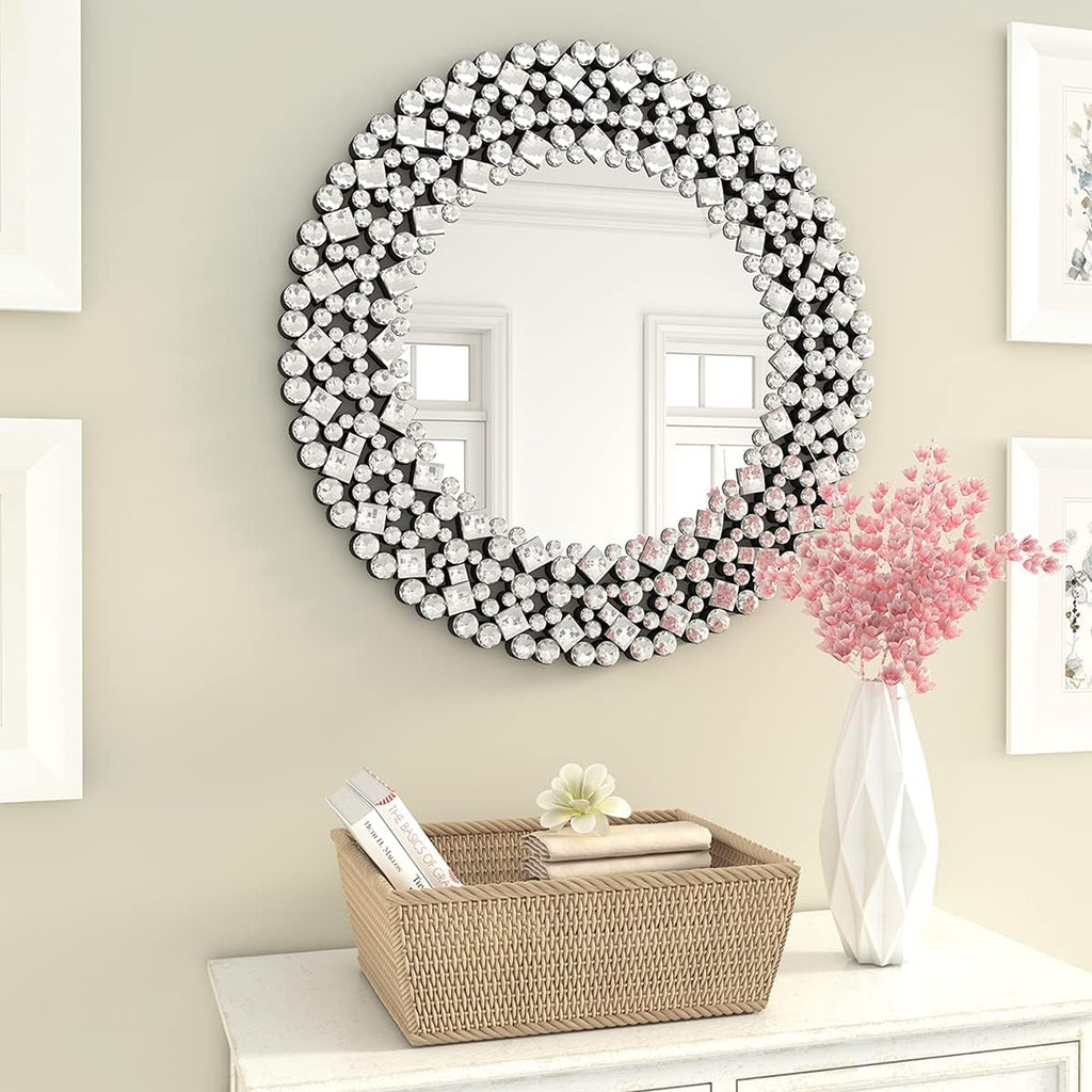 SHYFOY 35.5' Oversize Jeweled Ornate Wall Mirrors Decorative Crystal Accent Round Mirrors for Wall Home Decor, Modern Crushed Diamond Gemstone Mirror for Living Room