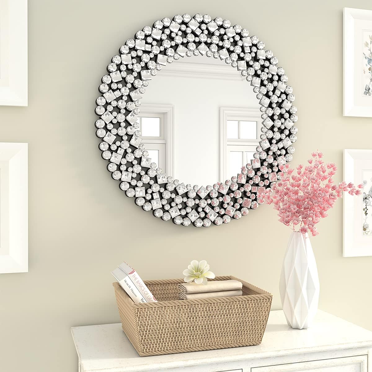 SHYFOY 35.5' Oversize Jeweled Ornate Wall Mirrors Decorative Crystal Accent Round Mirrors for Wall Home Decor, Modern Crushed Diamond Gemstone Mirror for Living Room