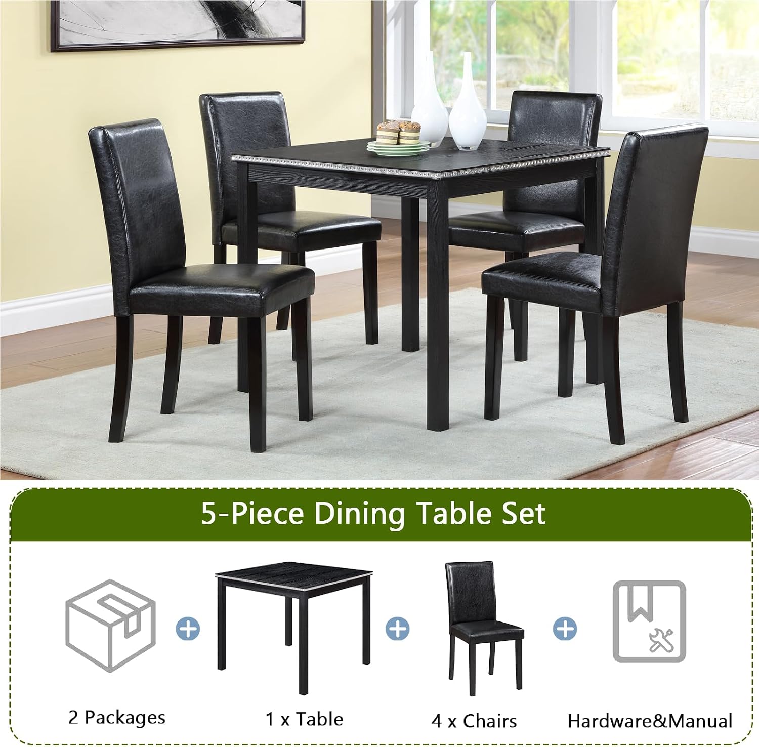 LUMISOL Dining Table Set for 4, 5-Piece Solid Wood Kitchen Table Set with 4 Upholstered Chairs for Kitchen, Dining Room, Black