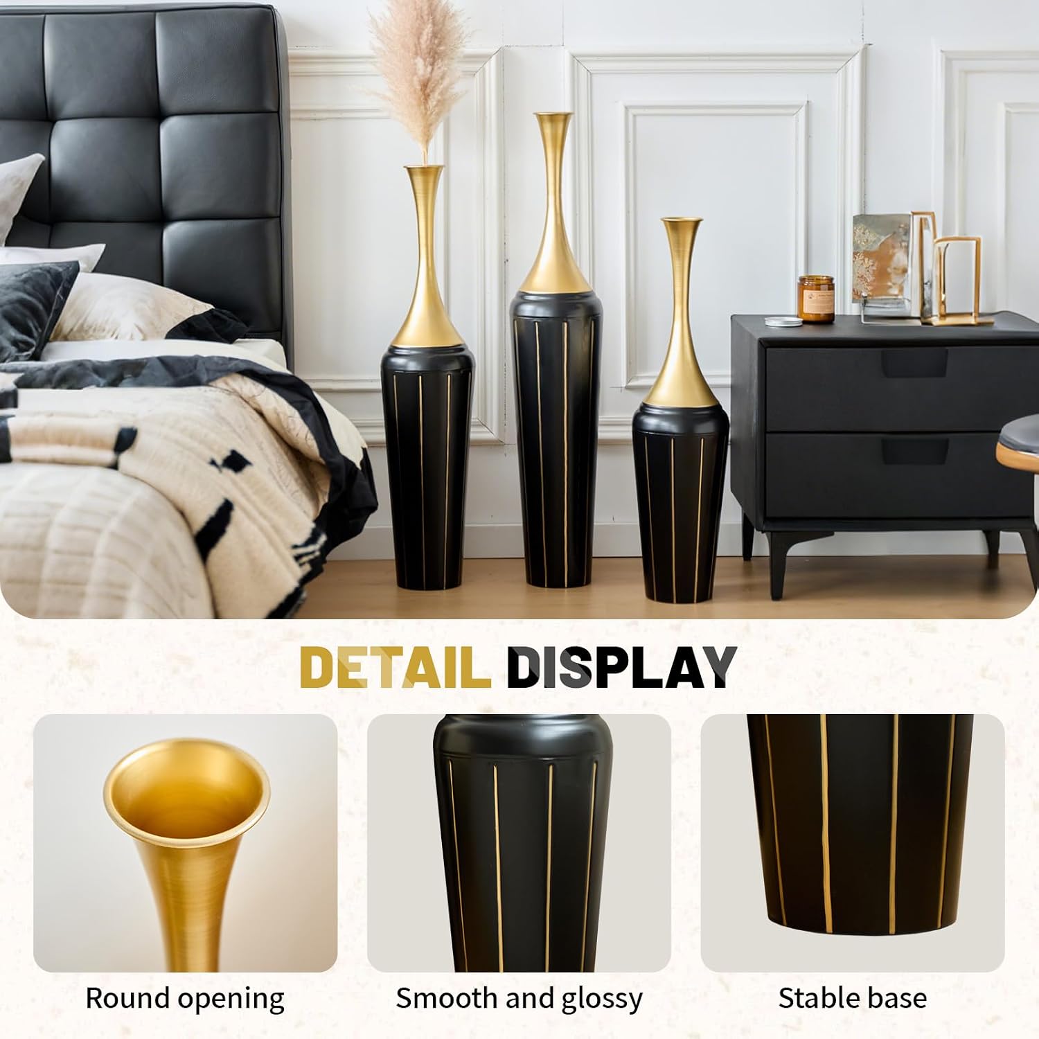 Set of 3 Modern Black and Gold Floor Vases, Handcrafted Tall Metal Decorative Vases, Luxury Floor Vases for Entryway, Living Room, Glam Home Decor, Dried Flowers & Pampas Grass