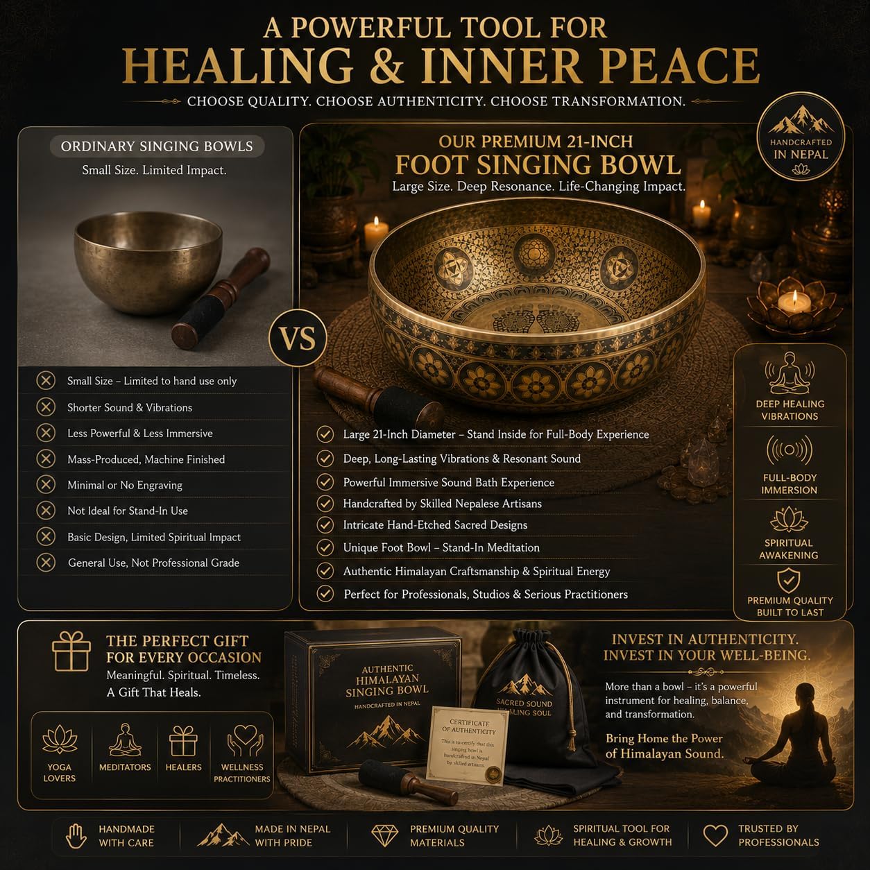 Large 21 Inch Foot Singing Bowl Handmade in Nepal | Etched Meditation Sound Bowl for Healing Sound Bath Yoga Relaxation Mindfulness & Spiritual Wellness Practices