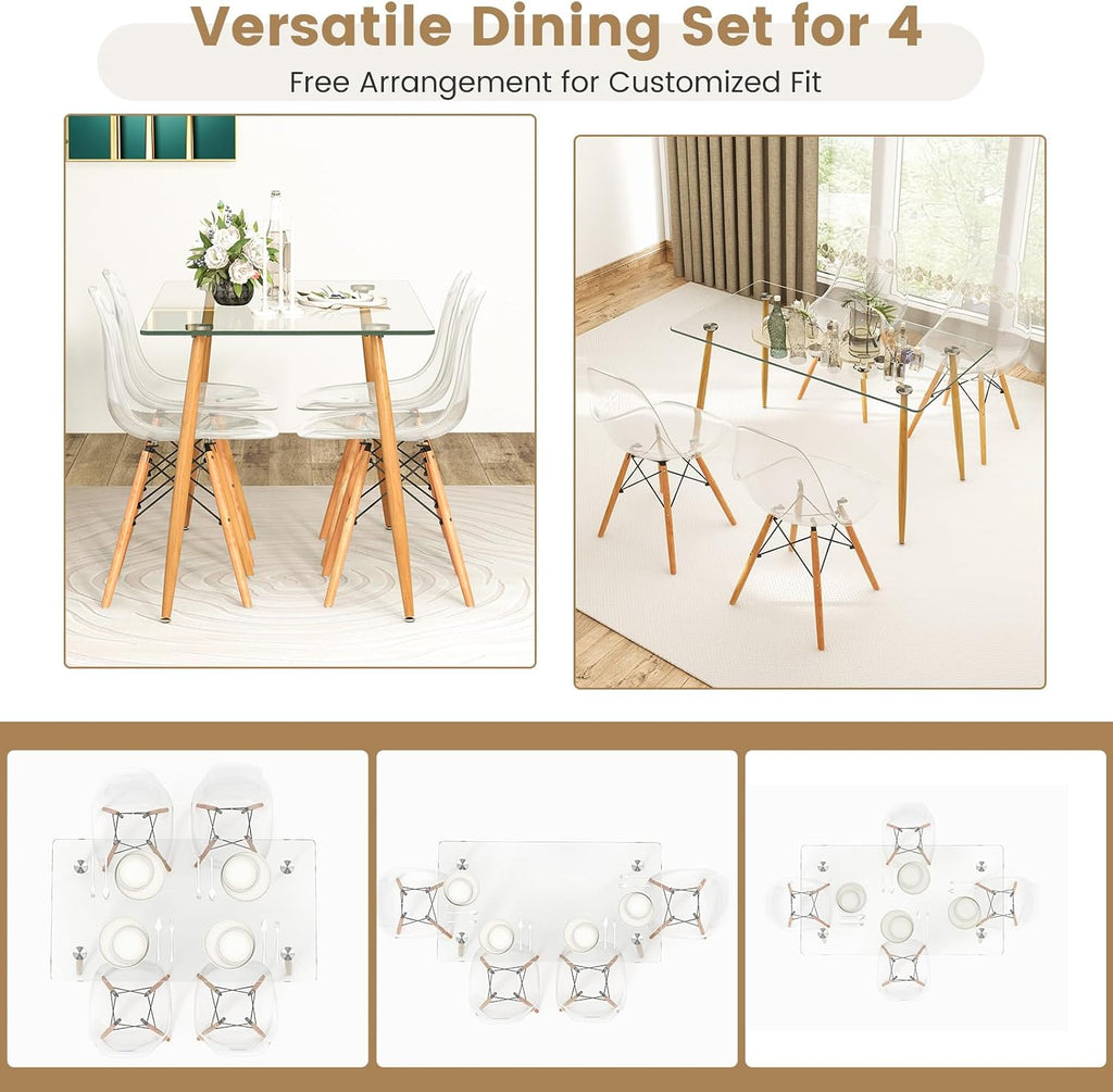 Tangkula Dining Table Set for 4, Modern Kitchen Table and Chairs, Glass Table and Chairs Set of 4 for Small Living Room, Kitchen