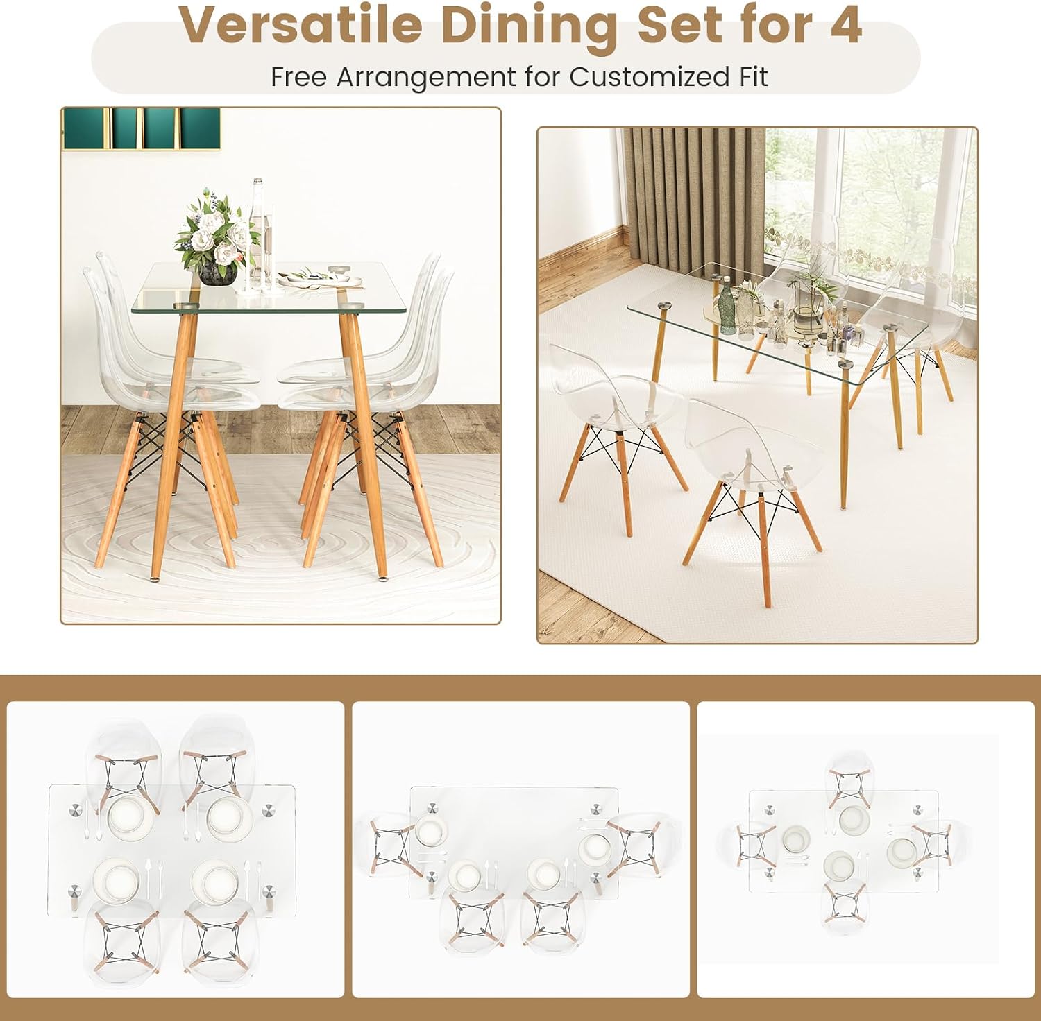 Tangkula Dining Table Set for 4, Modern Kitchen Table and Chairs, Glass Table and Chairs Set of 4 for Small Living Room, Kitchen