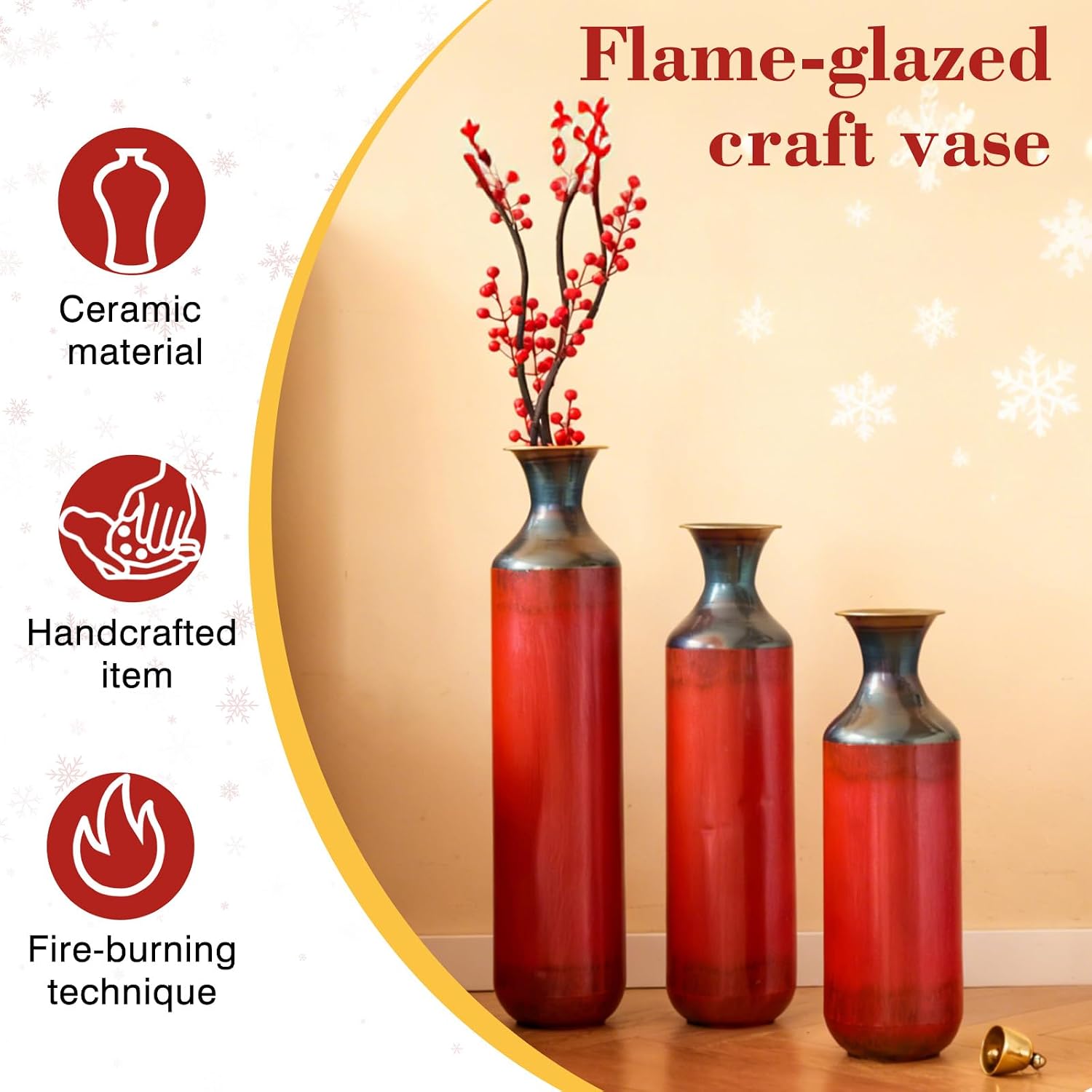 Floor Metal Decorated Vases Set of 3 for Gorgeous Home Decoration Large Glazed Metal Vases (Red)