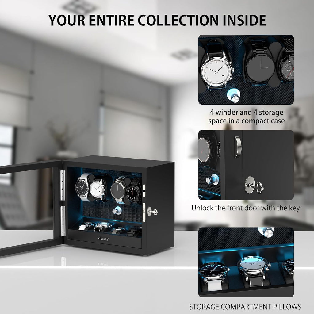 XTELARY Lockable Automatic Watch Winder - 4/6/8/12 Watch Storage, 4 Rotation Modes, Quiet Motor, Backlight