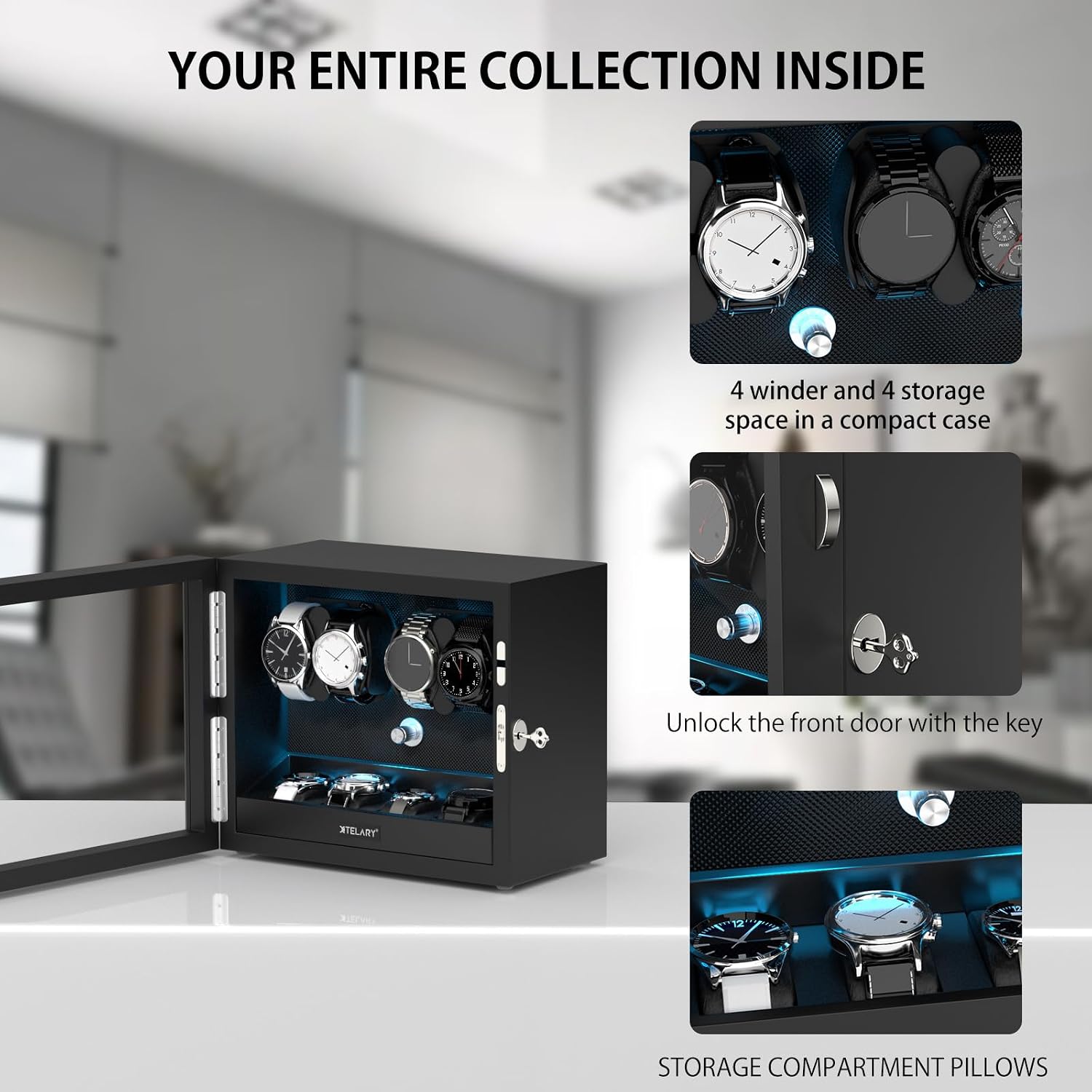 XTELARY Lockable Automatic Watch Winder - 4/6/8/12 Watch Storage, 4 Rotation Modes, Quiet Motor, Backlight