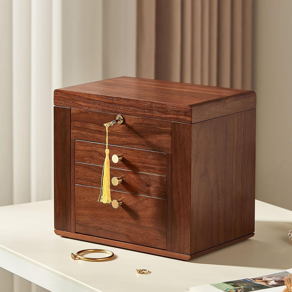 Black Walnut Wooden Jewelry Box, Wood Jewelry Organizer with 2 Side Doors Mirror Lockable Classical for Watch Necklace Ring Earring Ideal Gift-4 Layer with Curved Ring Grooves