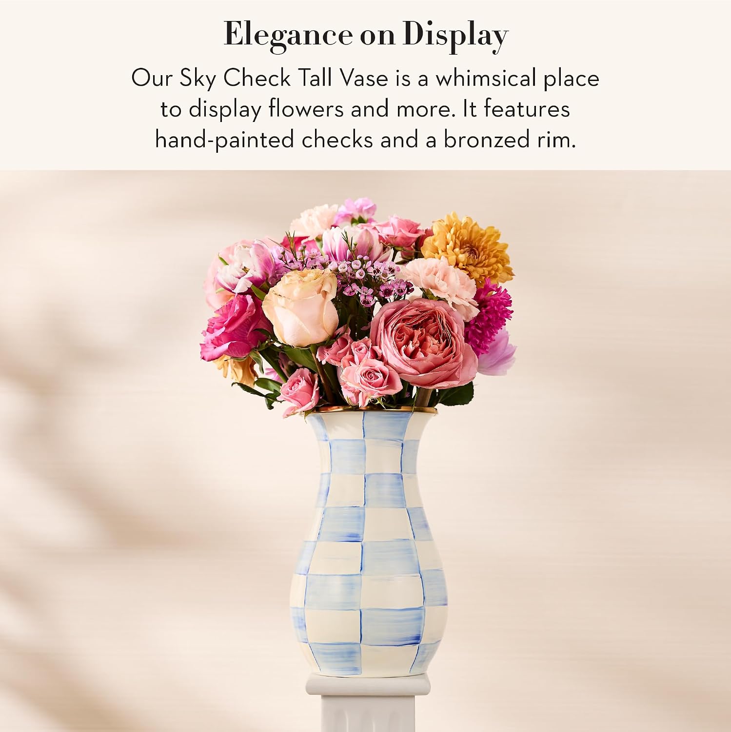 MACKENZIE-CHILDS Enamel Vase, Unique Flower-Vase Decor for Living Room, Tall, Light-Blue-and-White Sky Check