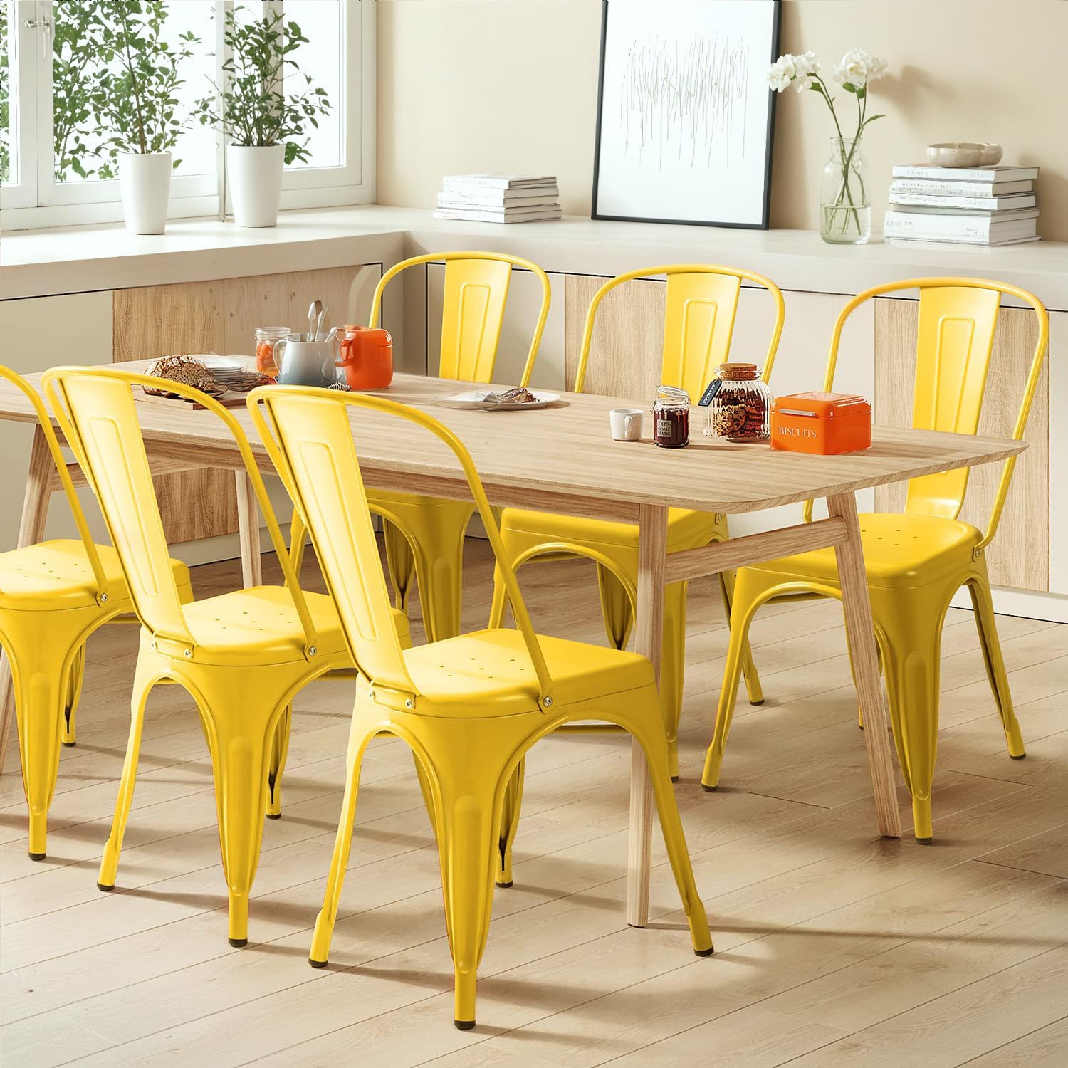 Furmax Metal Dining Chair Indoor Outdoor Use Stackable Classic Trattoria Chair Chic Dining Bistro Cafe Side Metal Chairs Set of 4 (Yellow)