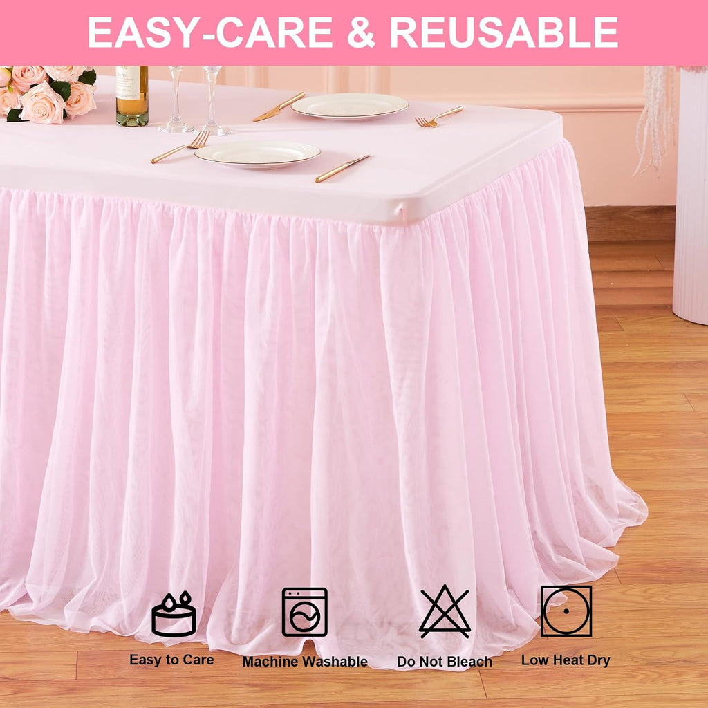 Wish Care 6 Pack Pink Tulle Tablecloth for 6 Foot Rectangle Tables Ruffle Stretch Fitted Table Cloths Wrinkle Free Table Cover with Tutu Skirt for Party Wedding Girls Birthday Baby Bridal Shower Cake