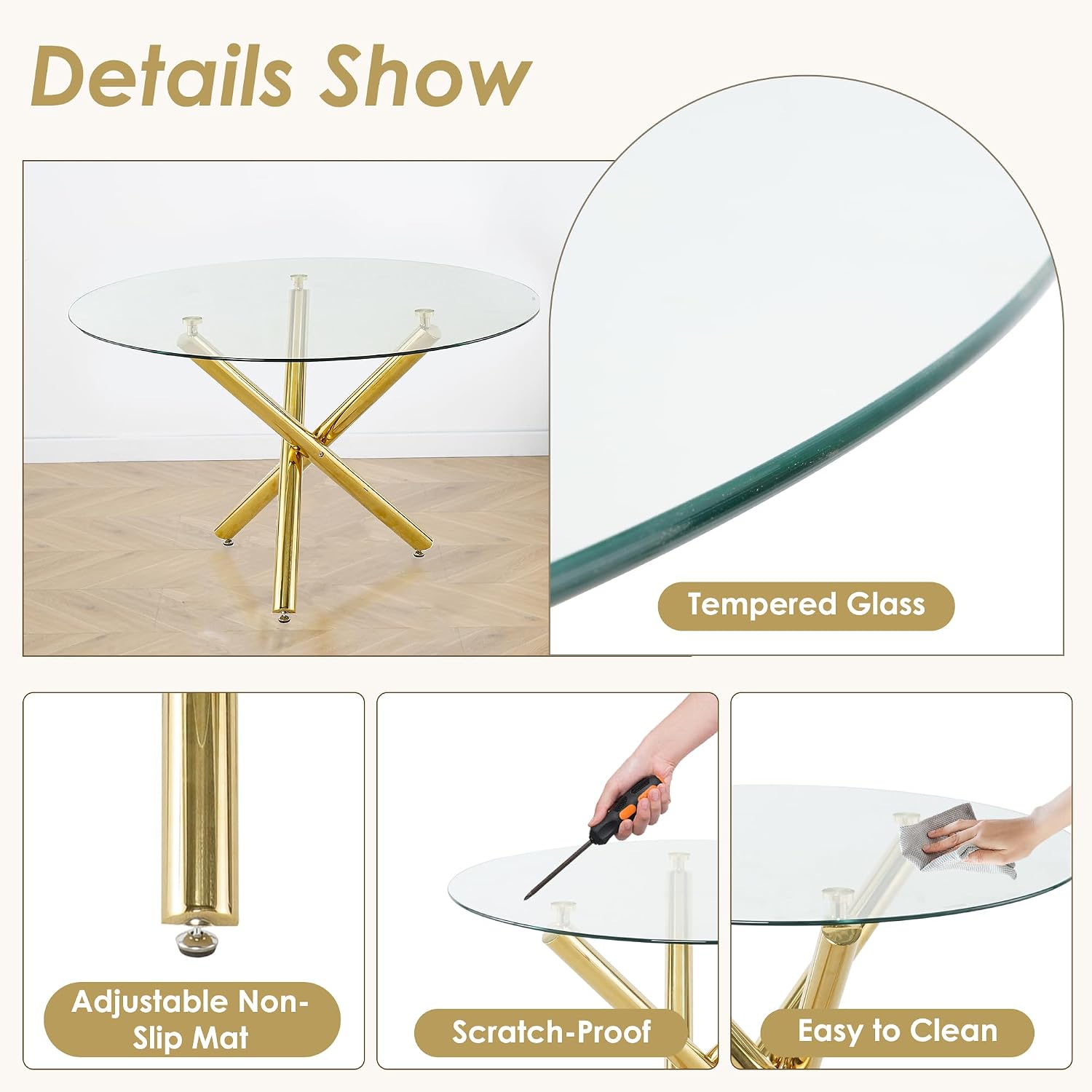 5 Piece Golden Luxury Round Glass Dining Set, Modern Minimalist Circle Kitchen Table Set for 4, 47'' Clear Circular Glass Top Dinner Room Set, Black High-end Tufted Chairs, for Large Place
