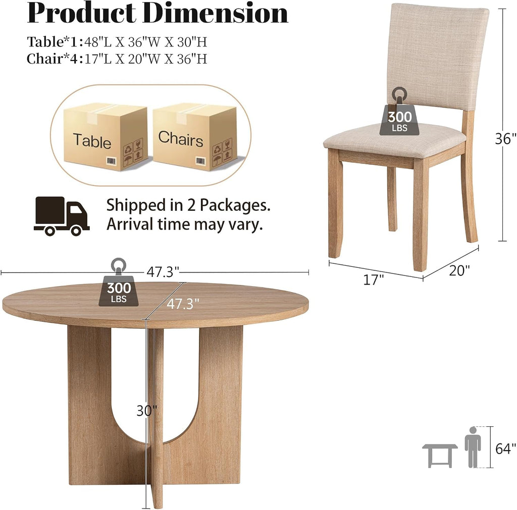 leovanni Round Dining Table Set for 4, Kitchen Table with 4 Upholstered Chairs, 5-Piece Wood Dining Table and Chairs Set for Kitchen, Dining Room, Living Room, Natural
