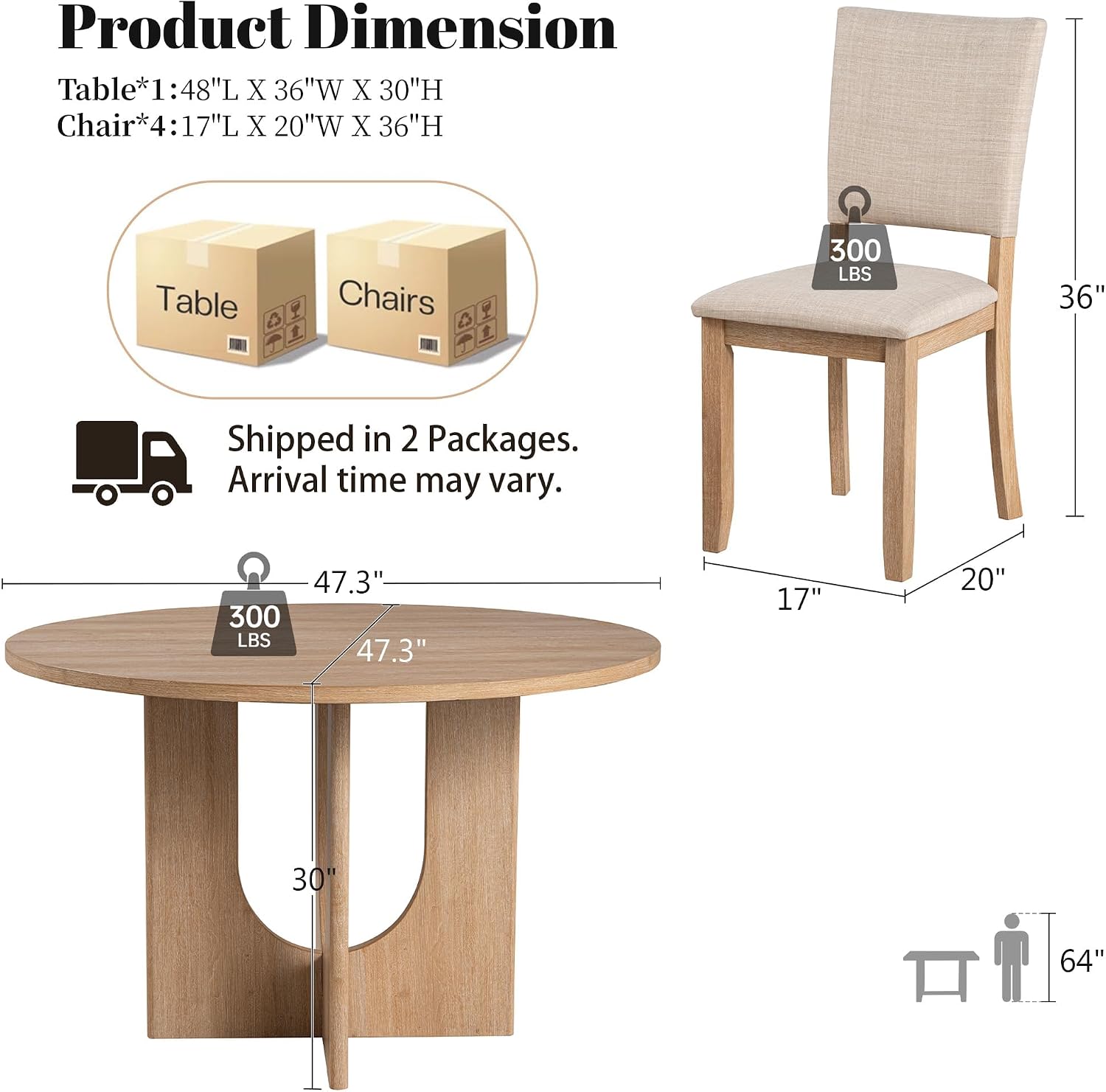 leovanni Round Dining Table Set for 4, Kitchen Table with 4 Upholstered Chairs, 5-Piece Wood Dining Table and Chairs Set for Kitchen, Dining Room, Living Room, Natural