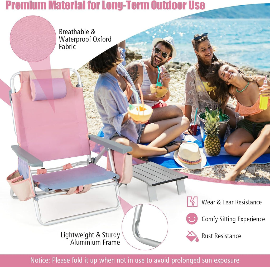 Tangkula Backpack Beach Chair with Table, 5-Position Lay Flat Chairs with Cooler Bag, 2 Cup Holders, Towel Bar, Lightweight Low Folding Chair with Backpack Straps, Pink