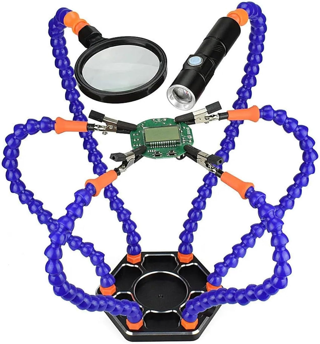 Flexible Holder Alligator Arms Clip Clamp Soldering Helping Third Hand PCB Adjustable Welding Desk With 3X Magnifier LED Lamp(6 Arms Pro3)
