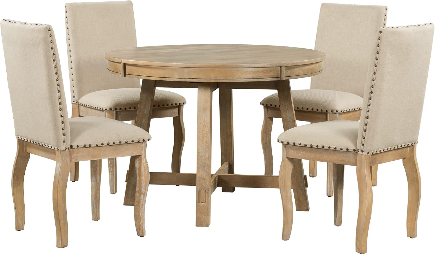 Harper & Bright Designs Kitchen Dining Table Set for 4, Wood Round Extendable Dining Table and 4 Dining Chairs Dining Table Set (Natural Wood Wash), ST000074AAE-MZJ