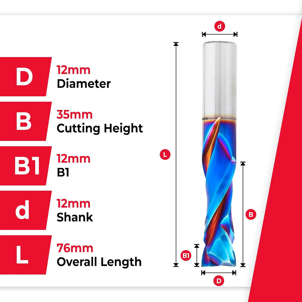 Amana Tool Spektra Extreme Tool Life Coated Solid Carbide CNC Compression Spiral Router Bit, 46185-K, 12mm D x 35mm CH x 12mm Shank x 76mm Long