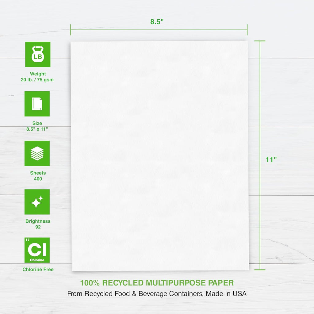 PrintWorks 100% Recycled Printer Paper 8.5' x 11' White - 20 lb Copy & Multipurpose Computer Paper - 2400 Sheets/Carton, 80 Cartons/Pallet, 192,000 Sheets - Made in the USA - 92 Bright (00018PAL)