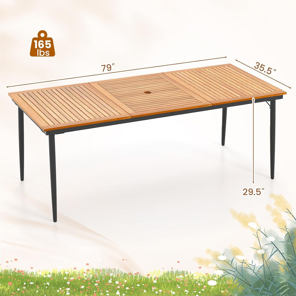 HAPPYGRILL Outdoor Dining Table for 6-8 People, Rectangular Eating Table with 2 inch Umbrella Hole, Sturdy Metal Legs, Patio Acacia Wood Dining Table, Perfect for Porch, Backyard, Garden