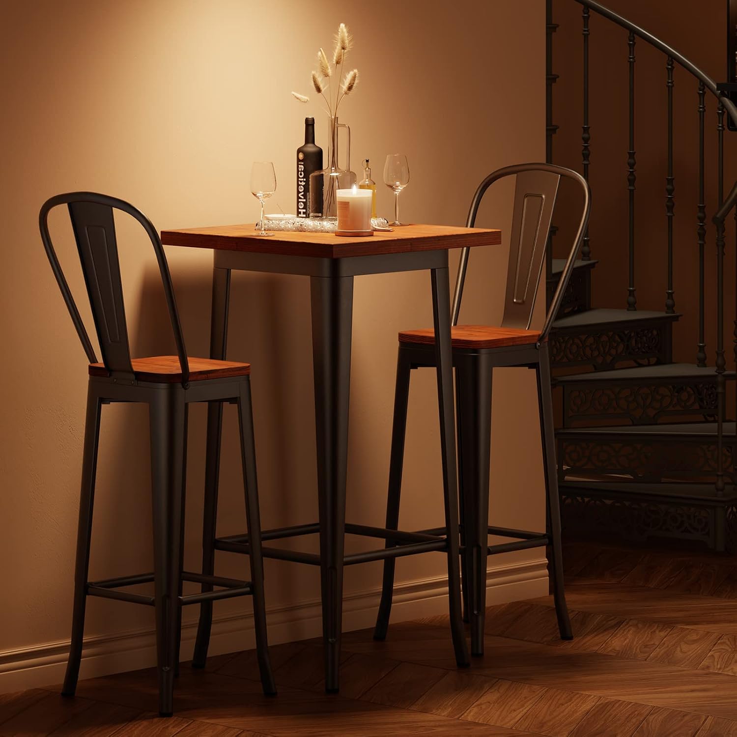 Aiho Bar Table and Chairs Set, Pub Table and Chairs Set of 2, with Elm Solid Wood and Thickened Metal Frame, for Bar, Small Space, Bistro Cafe