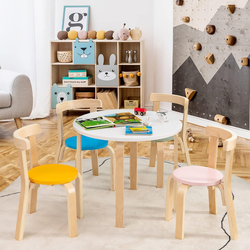 Costzon Kids Table and Chair Set, 5-Piece Wooden Activity Desk Set w/Toy Bricks, Classroom Playroom Daycare Furniture for Playing, Drawing, Reading, Bentwood Toddler Table and Chairs (Assorted)