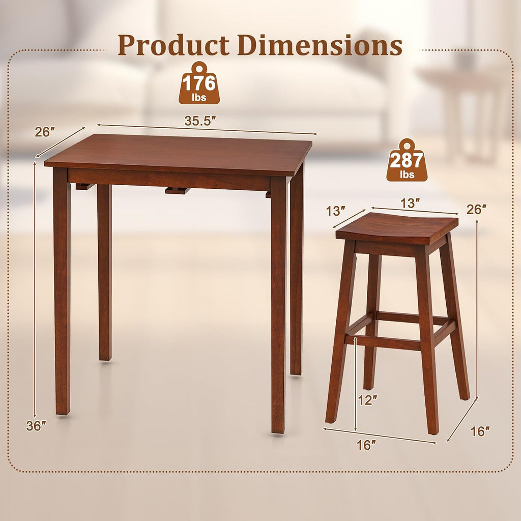 Giantex Bar Table and Chairs Set - 3-Piece Counter Height Dining Table Set with Hangable Bar Stools, Wood Veneered Tabletop, Rubber Wood Legs, Space Saving Dinette Set, Breakfast Nook Table Set, Brown