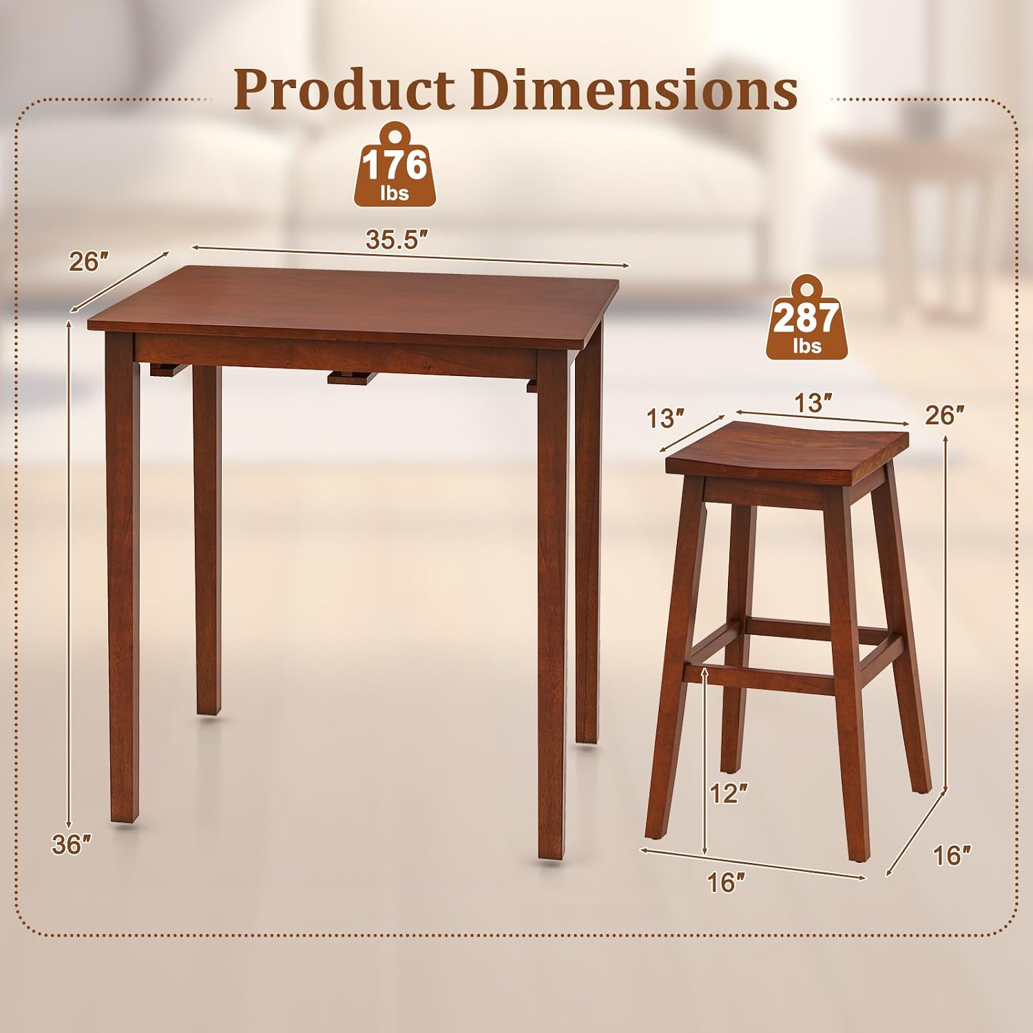 Giantex Bar Table and Chairs Set - 3-Piece Counter Height Dining Table Set with Hangable Bar Stools, Wood Veneered Tabletop, Rubber Wood Legs, Space Saving Dinette Set, Breakfast Nook Table Set, Brown