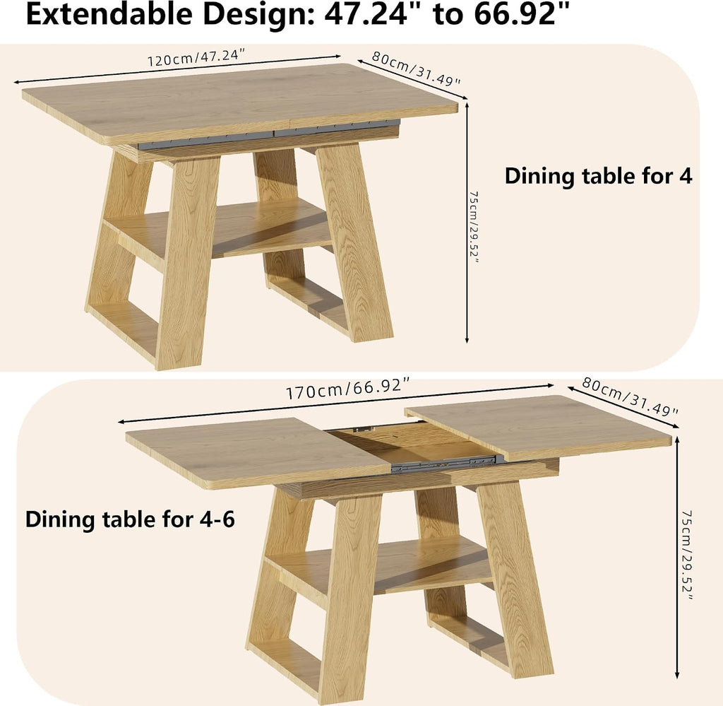 Lxsxlome 47.24''-66.92'' Extendable Dining Room Table for 4-6, Rectangle Extendable Kitchen Table with Removable Leaves, Space Saving, Wooden Dining Table with Storage Shelf (Style 2, Wood Color)
