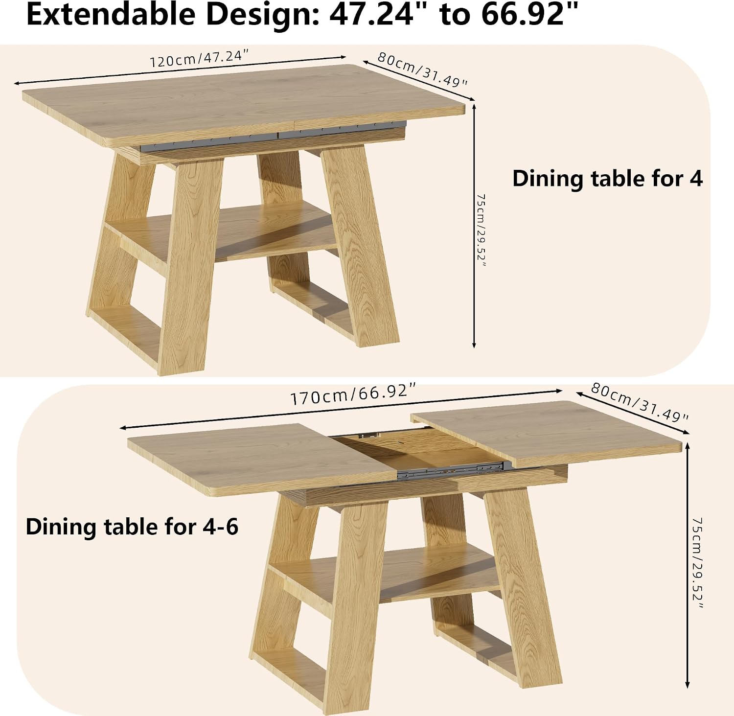 Lxsxlome 47.24''-66.92'' Extendable Dining Room Table for 4-6, Rectangle Extendable Kitchen Table with Removable Leaves, Space Saving, Wooden Dining Table with Storage Shelf (Style 2, Wood Color)