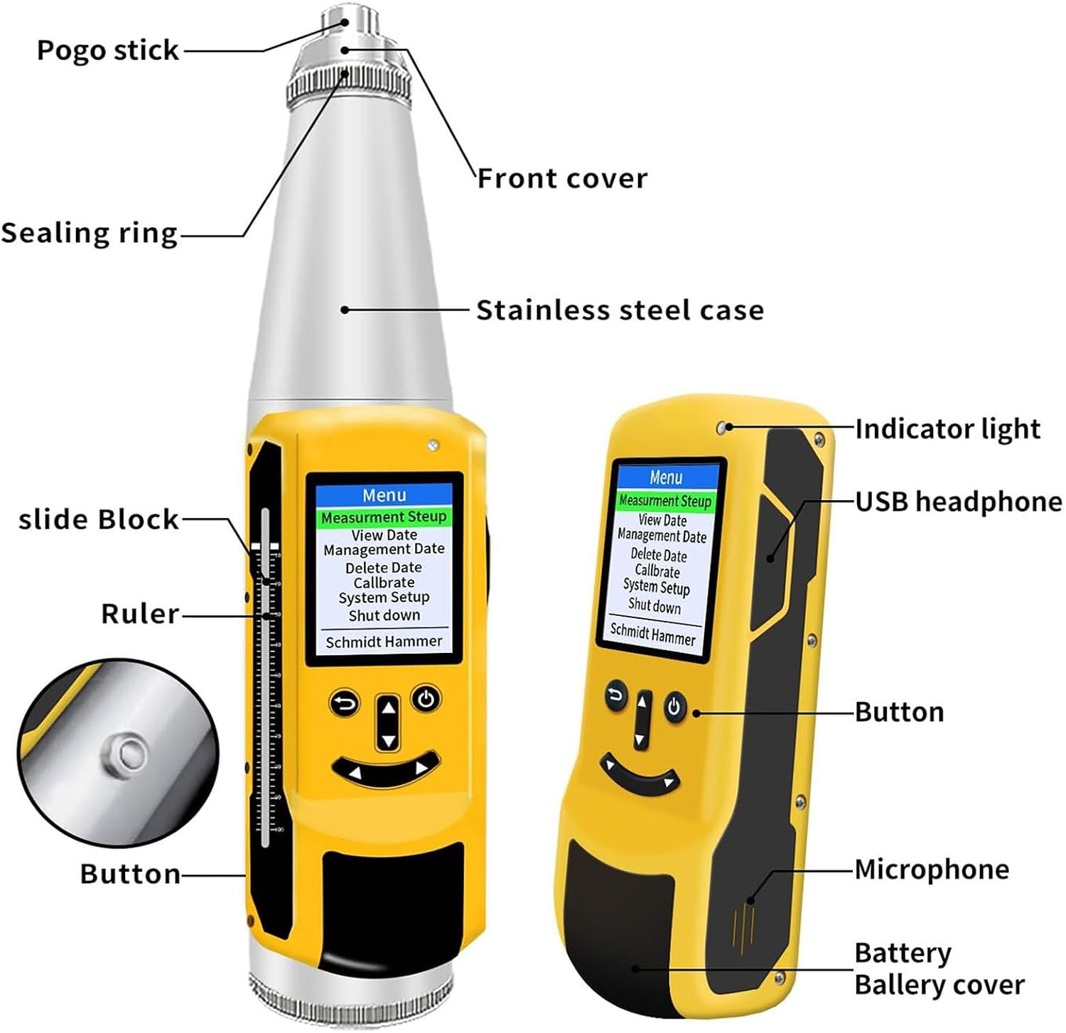 Concrete Rebound Hammer Tester 2.0 Inch OLED Screen Portable Resiliometer Test Meter Tool Test Scope of 10-60Mpa (1450-8702 PSI) Concrete Hammer Tester Support Data Export