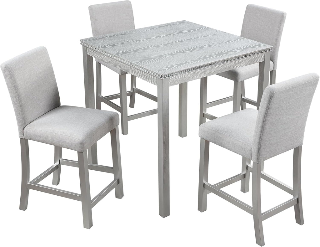 LUMISOL Dining Table Set for 4, 5-Piece Solid Wood Counter Height Kitchen Table Set with 4 Upholstered Chairs for Kitchen, Dining Room, Home Bar, Silver Gray