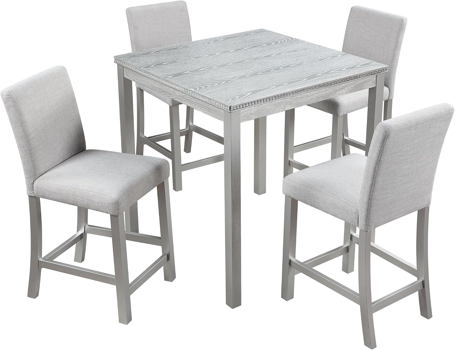 LUMISOL Dining Table Set for 4, 5-Piece Solid Wood Counter Height Kitchen Table Set with 4 Upholstered Chairs for Kitchen, Dining Room, Home Bar, Silver Gray
