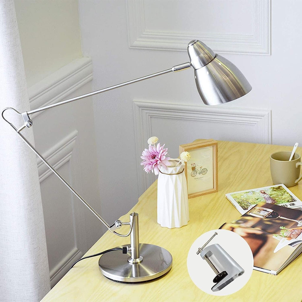 Desk Lamps Metal with Clip, Adjustable Reading Clamp Light with Long arm, Study Book Lamp for Work Office, with Cable and Switch, E27,Silver