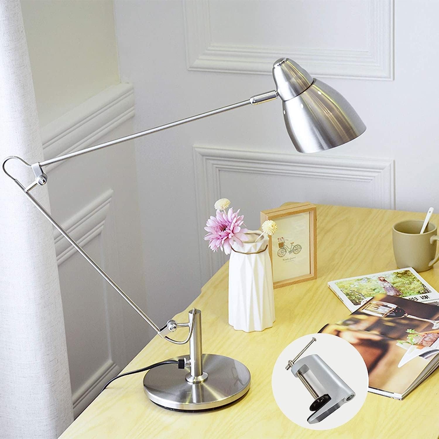 Desk Lamps Metal with Clip, Adjustable Reading Clamp Light with Long arm, Study Book Lamp for Work Office, with Cable and Switch, E27,Silver